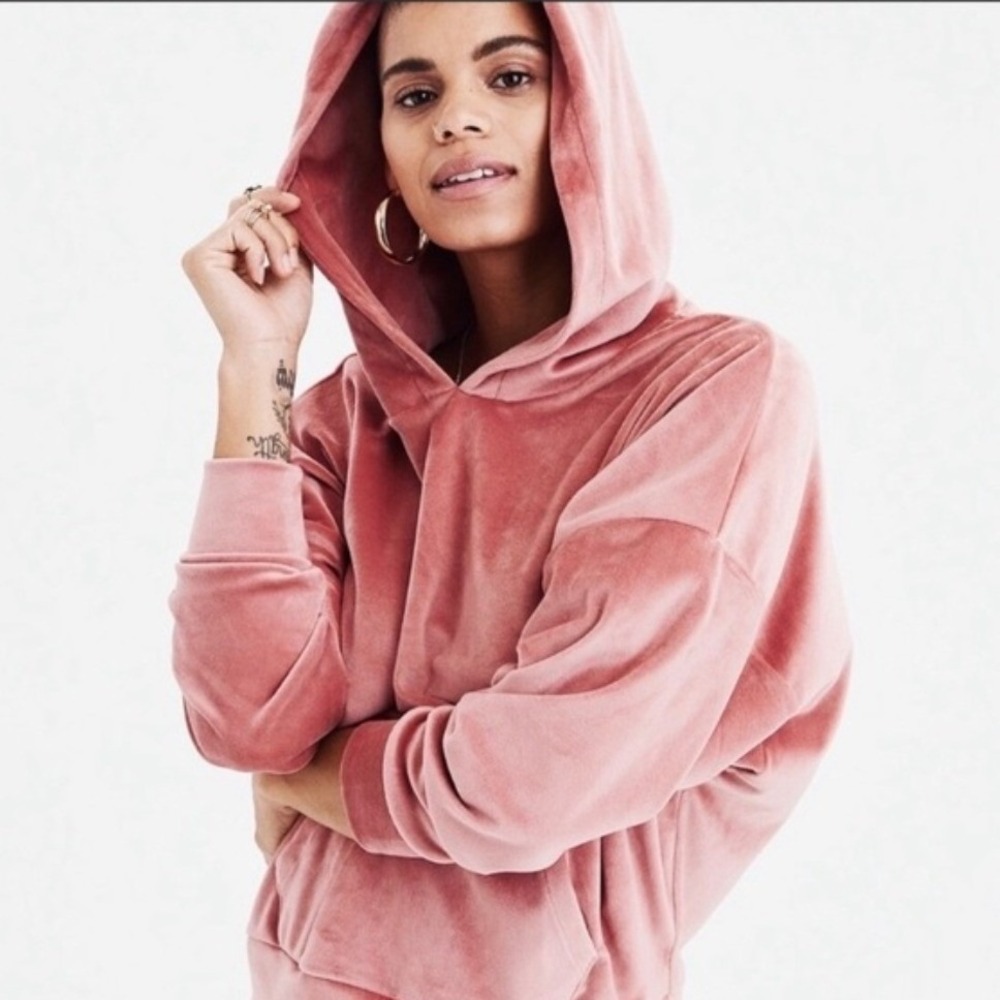 American Eagle Womens Velour Hoodie Dusty Rose Pink Velvet Sweatshirt Small